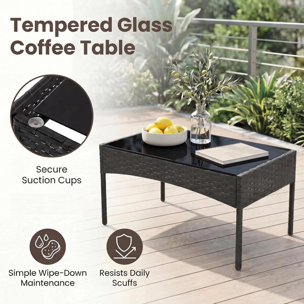 Salotto da Giardino Esterno 4 Pezzi, Set da Esterno in Rattan con Tavolino con Piano in Vetro, Divano 2 Posti e 2 Poltrone, Set da Conversazione con Cuscini per Patio, Balcone e Terrazzo (Tortora)