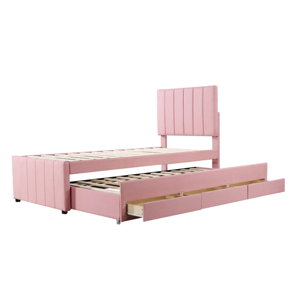 Letto imbottito 90 x 200 cm con letto estraibile e 3 cassetti; rosa