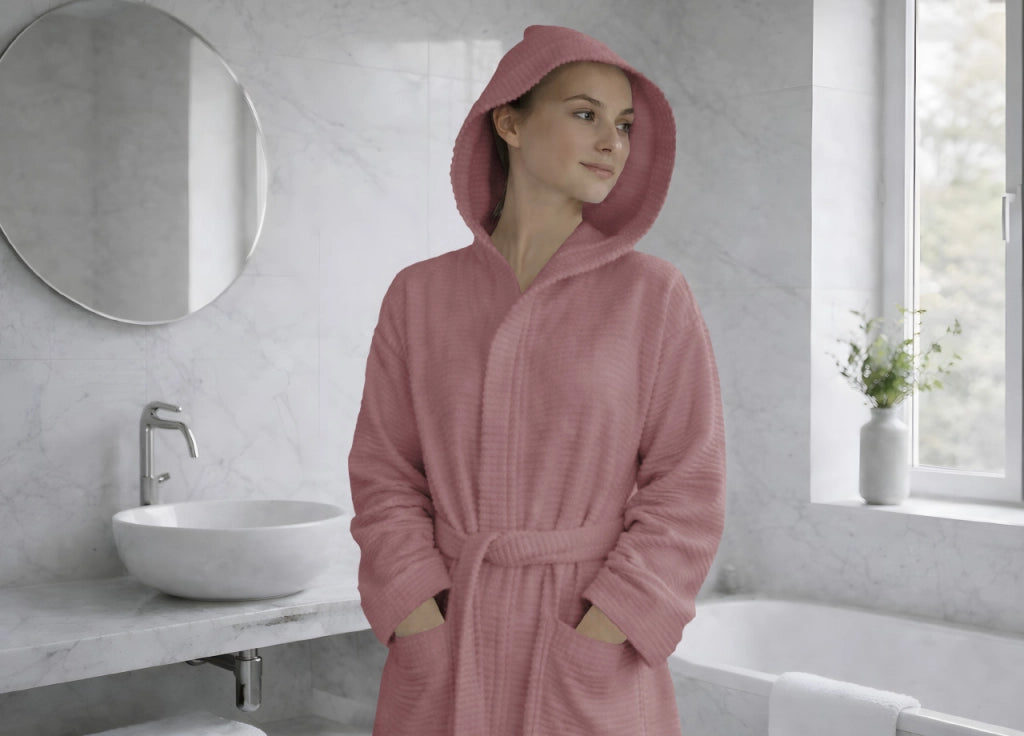Accappatoio Con Cappuccio In Morbida Spugna Mod. Boutique Tinta Unita Rosa - S-M - Rosa