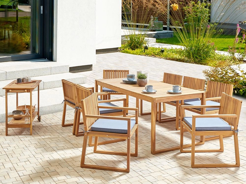 Set da Giardino Legno di Acacia chiaro con Tavolo e 8 Sedie con Cuscini blu giardino terrazzo