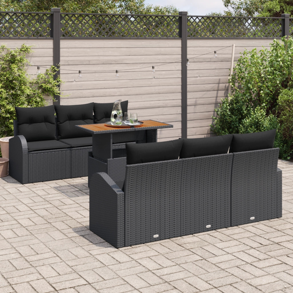 Set divano da giardino da 7 pezzi con cuscini in polyrattan nero