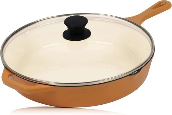 Piatto in ghisa con coperchio - 29,5 cm, padella multifunzione con due bocchette per versare, termoresistente e adatto per tutti i fornelli