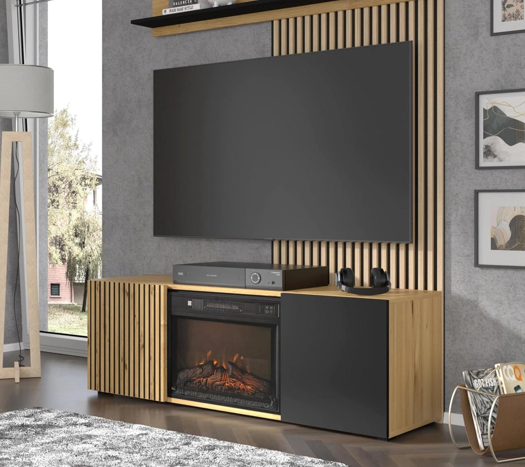 Mobile TV soggiorno cm 148x42x52,20h con caminetto  mod Auris 150 rovere