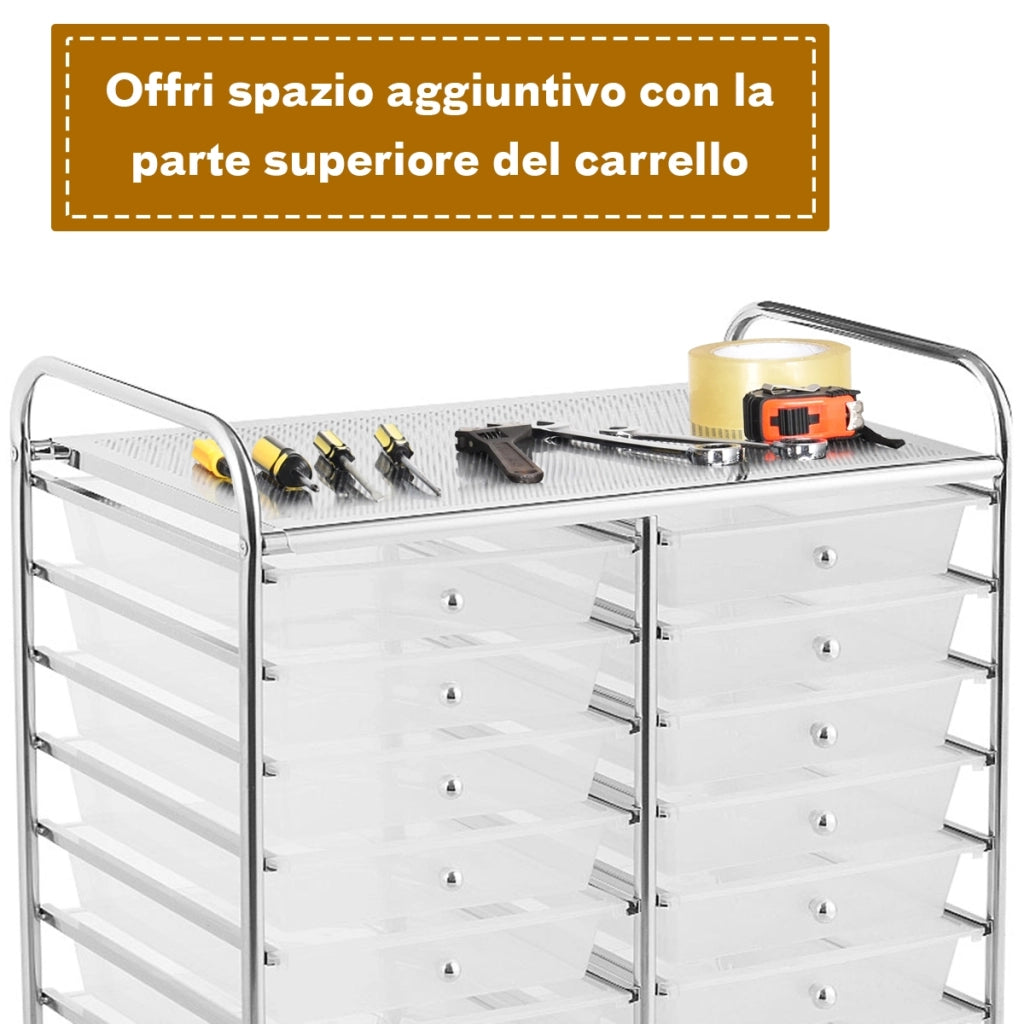 Carrello cassettiera multiuso e leggero con 20 cassetti, Contenitore con ruote per ufficio e casa Trasparente