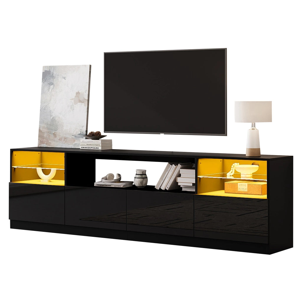 Mobile TV 180x35x60 cm con illuminazione LED; 4 ante e 8 vani; pannello truciolare nero