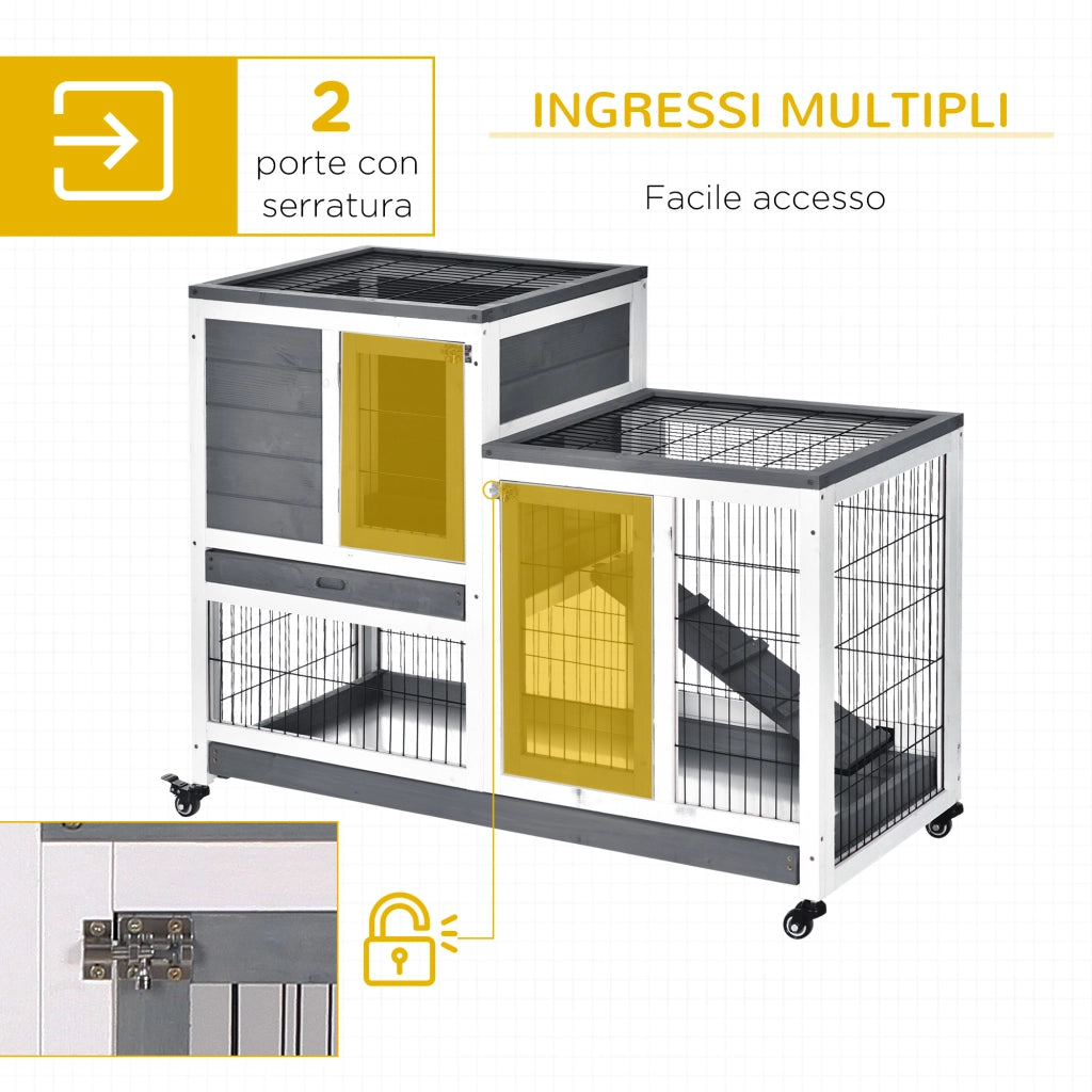 Conigliera in Legno con Ruote e Casetta - Xylo - Grigio e Bianco 110x50x88 cm