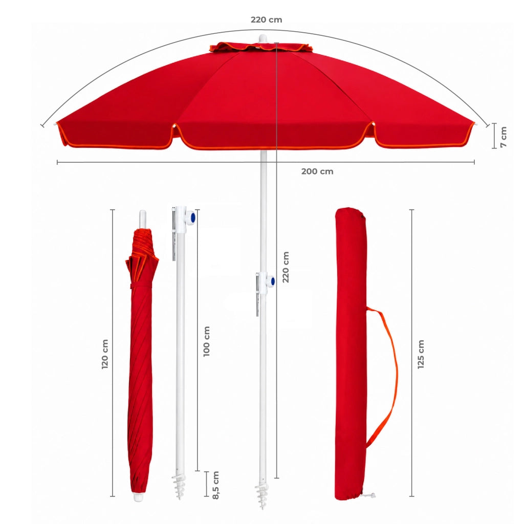 Ombrellone Mare Maxi 220 cm con Protezione UV, Palo a Vite e Inclinazione Regolabile, Parasole da Spiaggia con Presa d'Aria Antivento, Stecche Resistenti e Custodia Trasporto Rosso