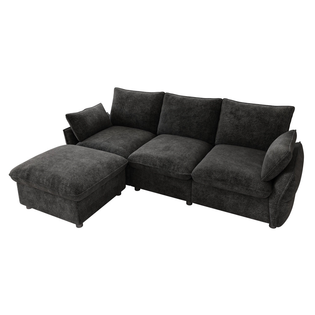 Divano angolare moderno in chenille con ottomana e 2 cuscini, 3 posti, grigio scuro, 222,5 ¡Á 154,5 ¡Á 76,5 cm