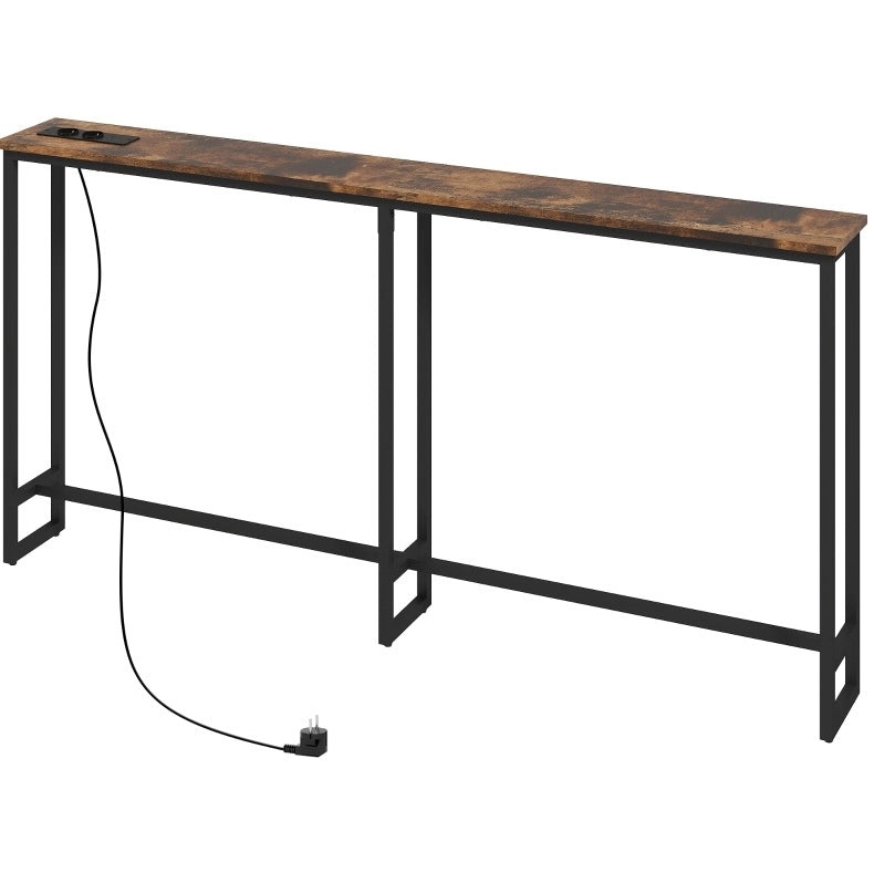 Tavolo consolle stretto con prese AC; USB e USB-C; 160 x 20 x 80 cm; marrone