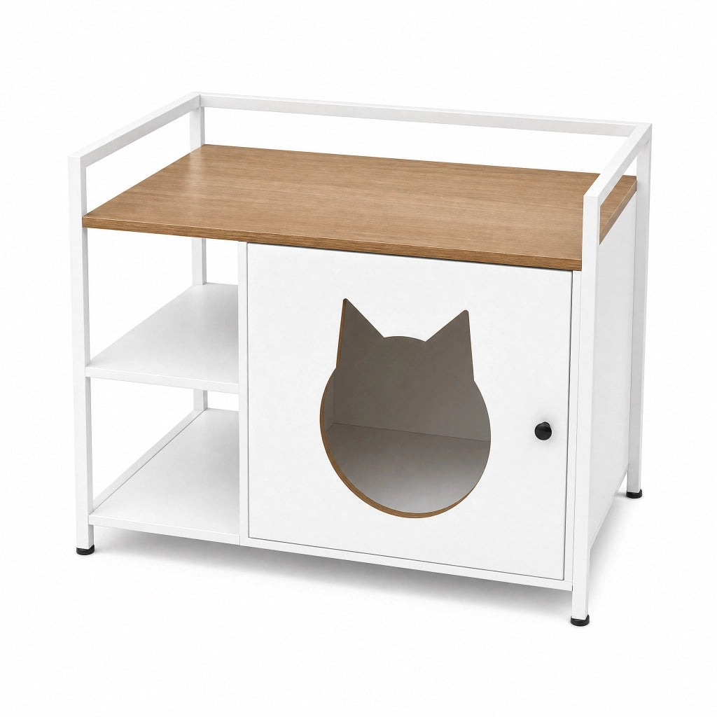 Mobile Lettiera per Gatti 76×54×59 cm con Ingresso a Testa di Gatto; 2 Ripiani e Tavolino; Bianco Rovere