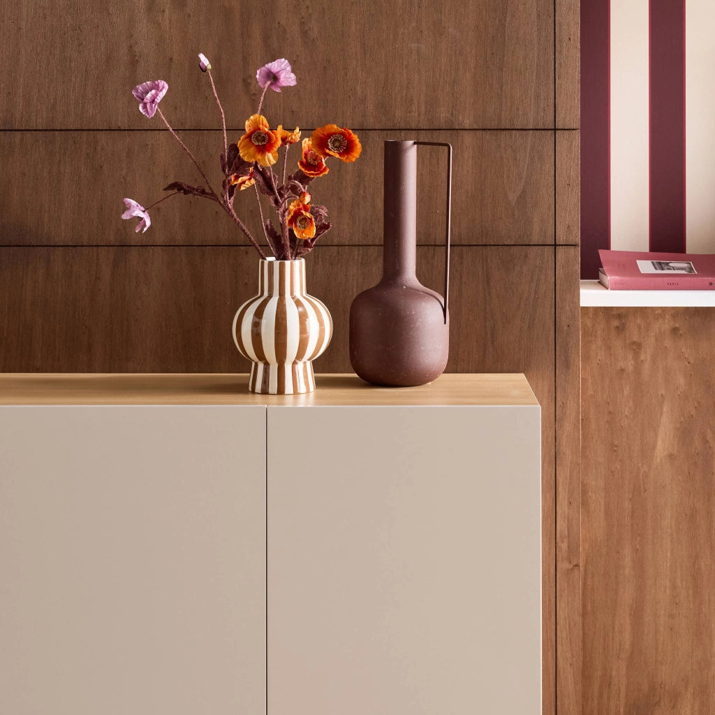 Credenza in metallo e decorazione in legno 3 ante, 120cm, beige