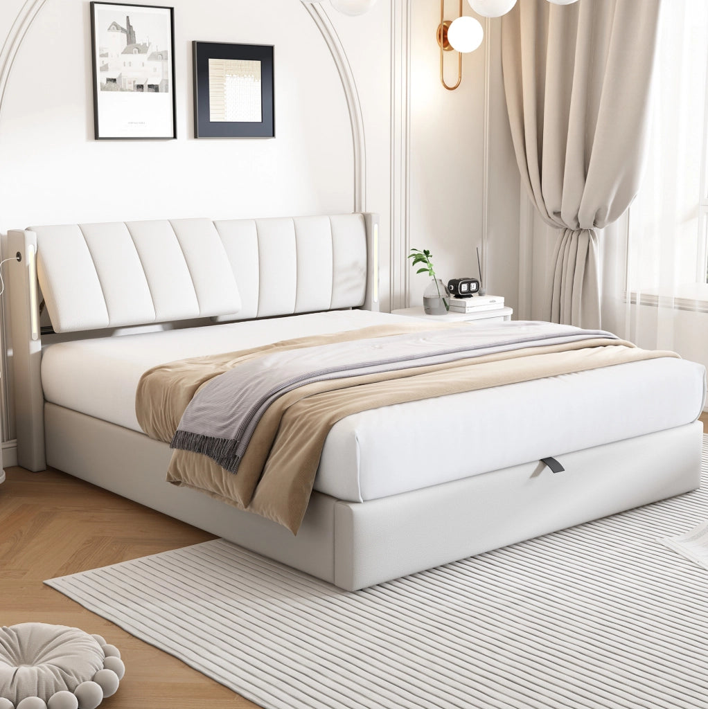 Letto imbottito LED 180x200 cm con vano contenitore bianco