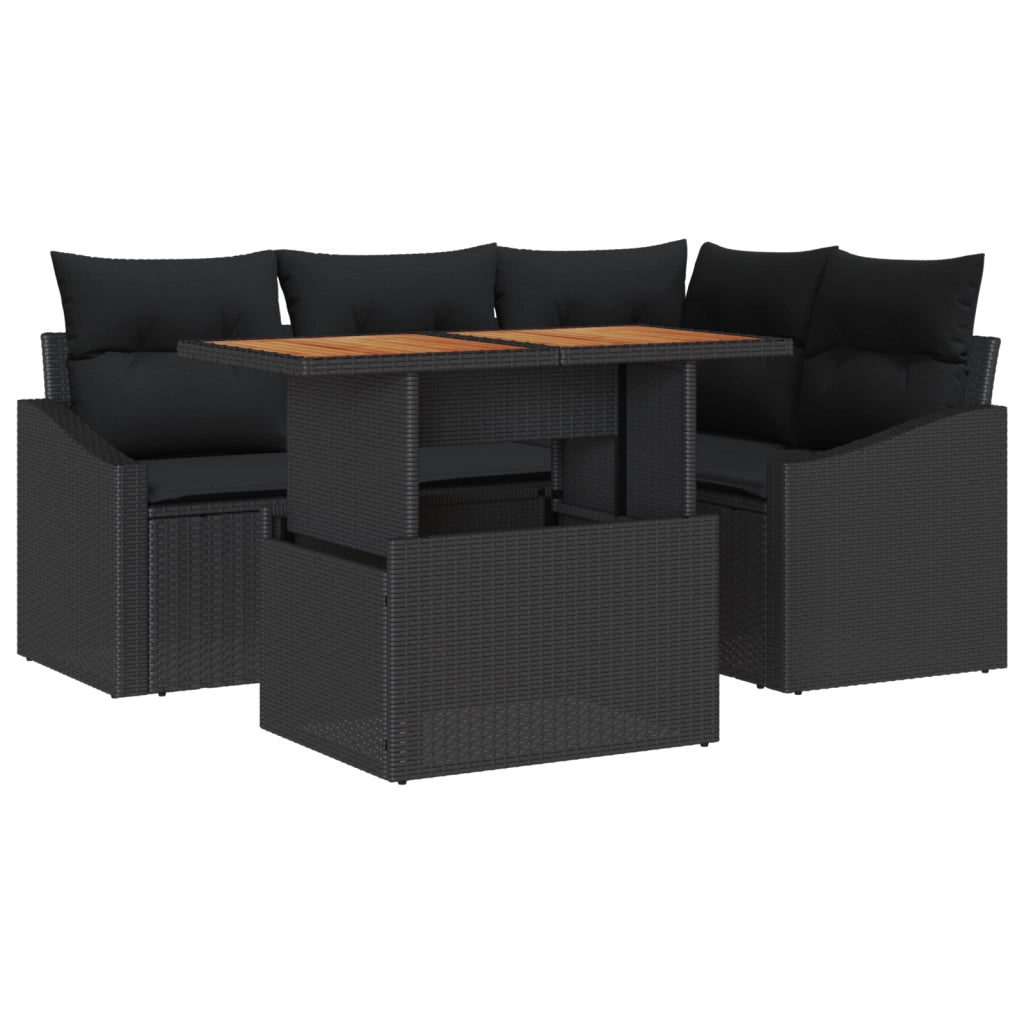 Set da Pranzo da Giardino 5 Pezzi con Cuscini Rattan Poliestere Nero Acacia