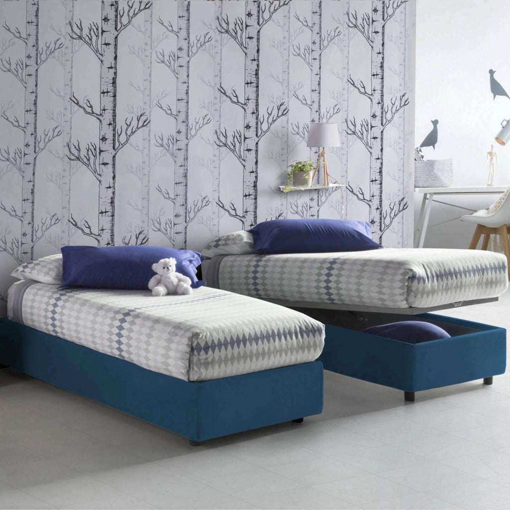 Letto singolo Ava, Letto contenitore con rivestimento in tessuto, Made in Italy, Apertura frontale, adatto per materasso cm 80x200, Blu