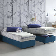 Letto singolo Ava, Letto contenitore con rivestimento in tessuto, Made in Italy, Apertura frontale, adatto per materasso cm 80x200, Blu