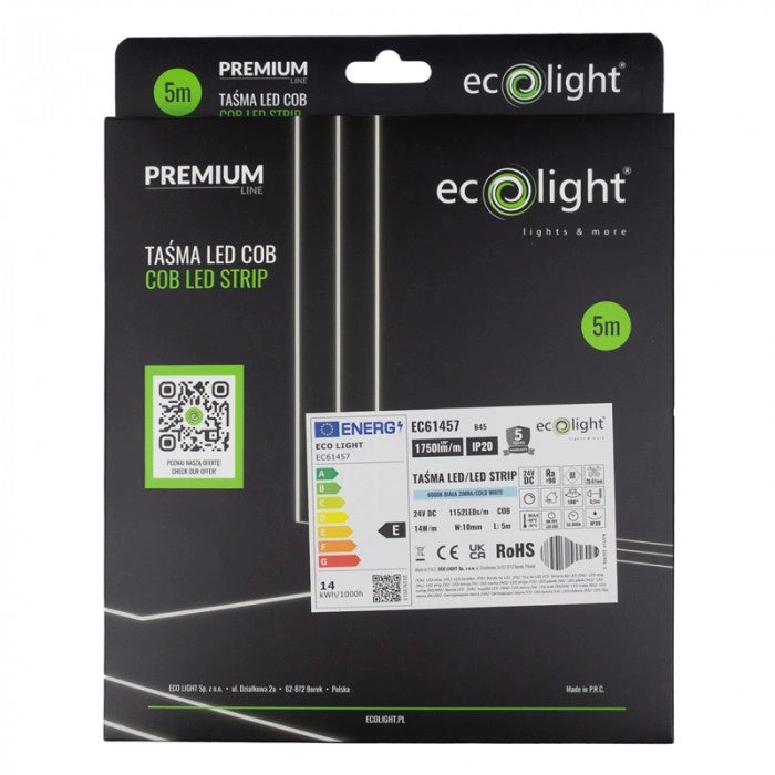 Striscia LED COB 24V 1152/m 6000K 14W 1750lm/m IP20 5m Ecolight