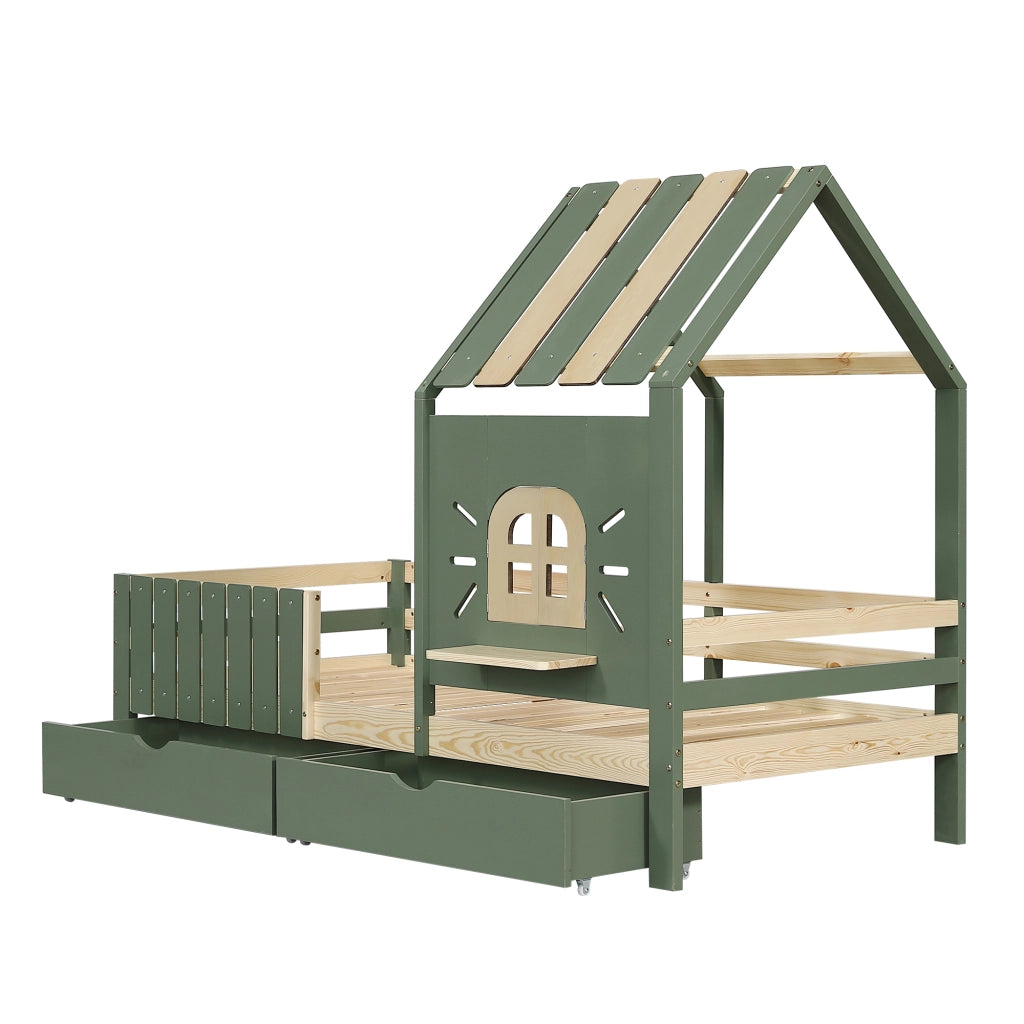 DESMIU Letto per bambini 1 posto con 2 cassetti, sponde, tetto e finestra, 90 × 200 cm, senza materasso
