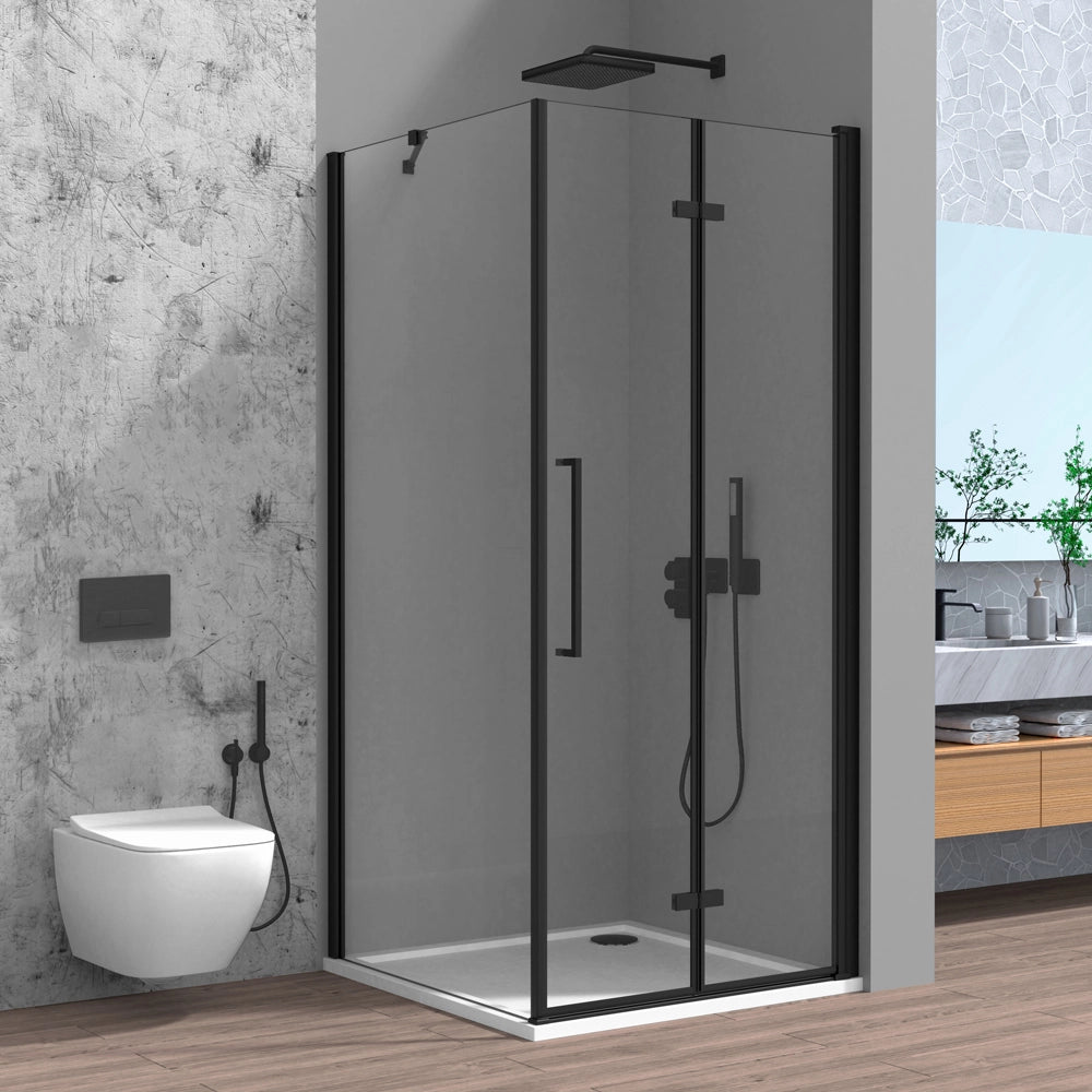 Box doccia angolare a soffietto 70x80 in vetro temperato trasparente con profili nero opaco Neos
