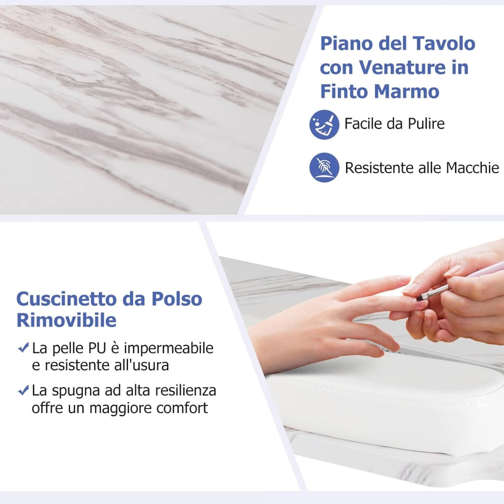 COSTWAY Tavolo per Manicure Pieghevole con Aspiratore Elettrico, Tavolo per Unghie Portatile con Luce LED, Cuscino Poggia Polso Clienti, Borsa e 4 Ruote Bloccabili (Bianco)