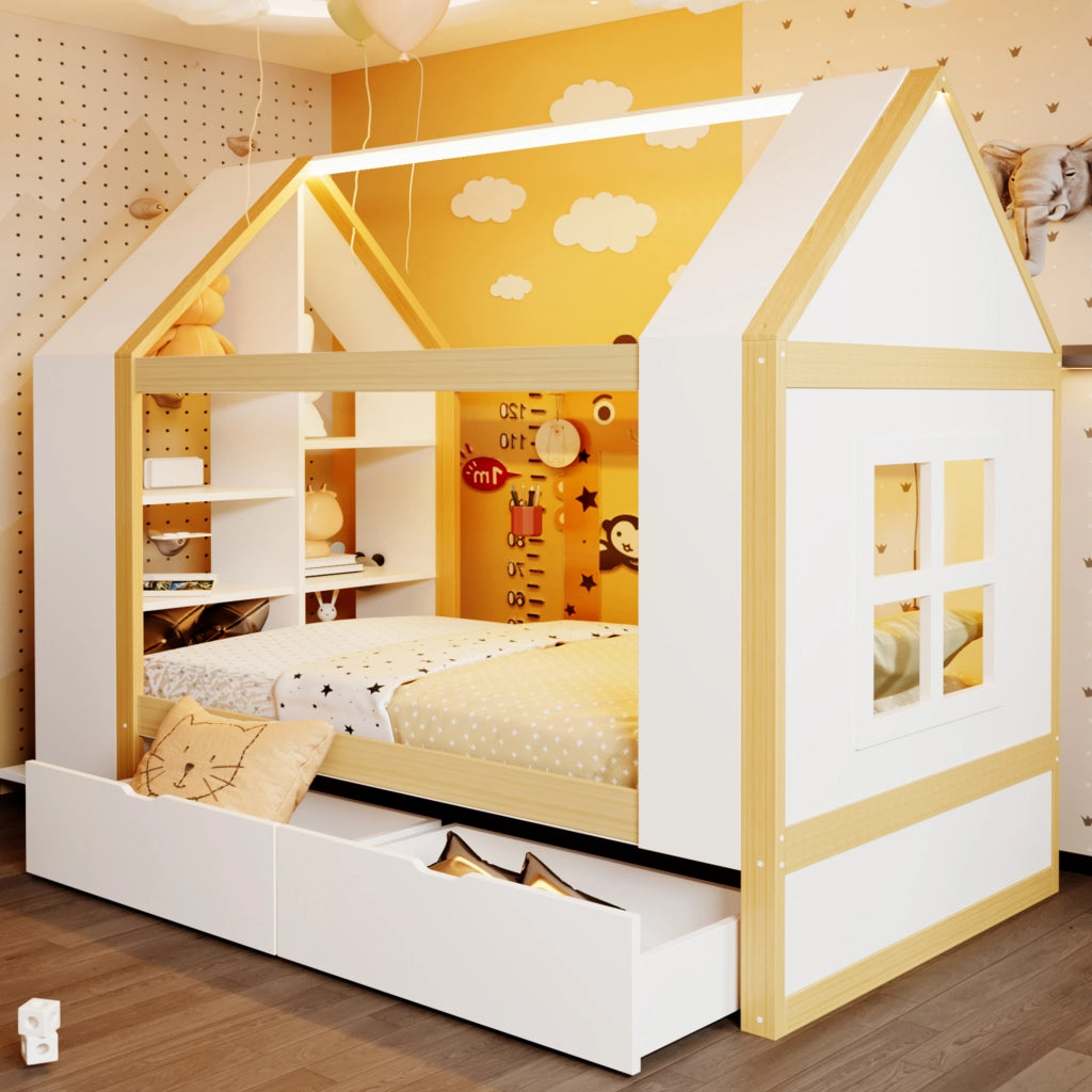 Letto a casetta per bambini 90 × 200 cm con 2 cassetti, LED e ripiani laterali, senza materasso, legno massiccio, bianco naturale