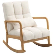 Poltrona a Dondolo 90°-130° con Cuscino Lombare rivestita in Tessuto Sherpa, 64.5x82x89 cm, Bianco e color Legno