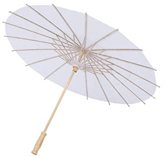 Parasole a Papier Artigianale Decorativo - 20 cm di Raggio - Manico in Bambù con Cinghie in Bambù - Pergamena Bianca