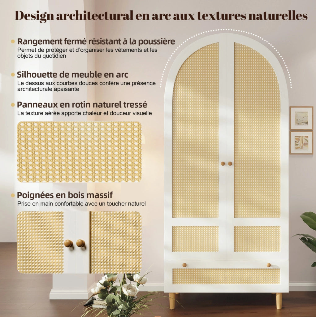 Armadio guardaroba 80 x 50 x 180 cm in MDF bianco con design ad arco; asta e cassetto