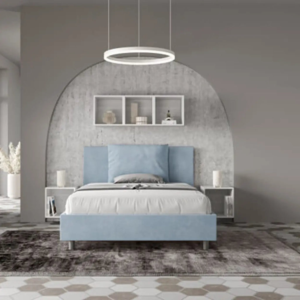 Letto matrimoniale francese contenitore imbottito 140x210 microfibra azzurro Antea
