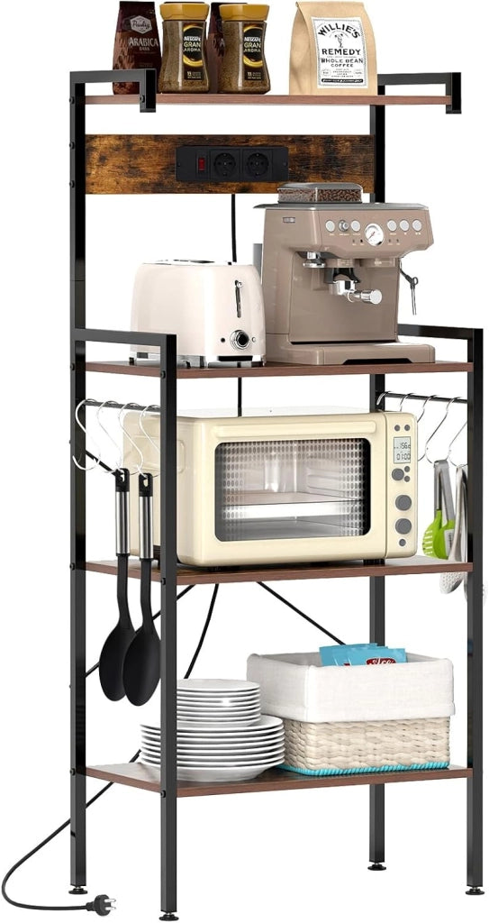 Scaffale da Cucina con Multipresa, Scaffale per Microonde su 4 Ripiani, Mensola da Cucina Struttura in Metallo con 8 Ganci, per Sala Pranzo e Pannettiera, 59 x 34 x 136 cm, Marrone Vintage