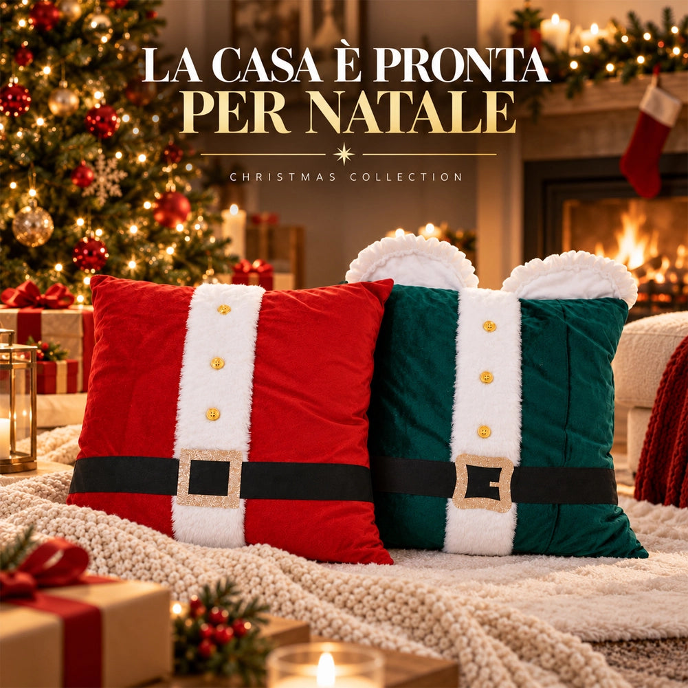 Set 2 Cuscini Babbo Natale Lui e Lei Decorazione 42x42cm Natalizio Verde e Rosso