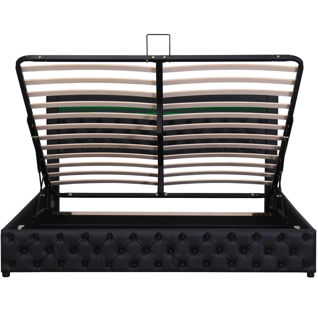 Letto matrimoniale 140x190 cm imbottito con contenitore; LED; rete a doghe; PU nero