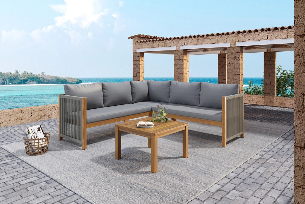 Set mobili giardino: Divanooo angolare + tavolino caff cat; acacia; corda intrecciata; grigio