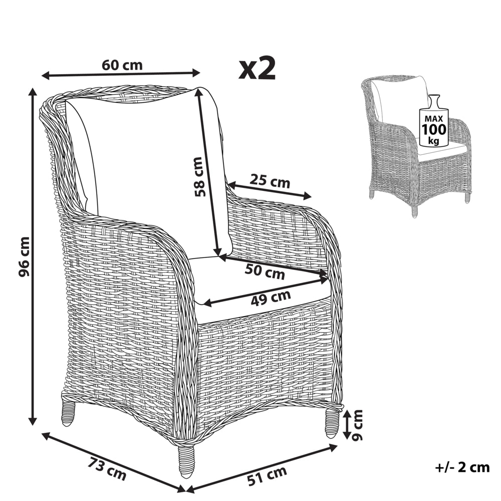 Set di 2 sedie da giardino beige rattan sintetico con cuscini da esterno moderno