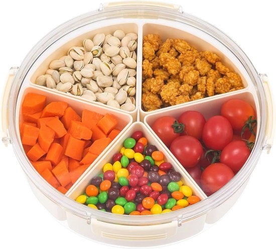 Scatola per conservazione con coperchio - snack board con contenitori - divisione in plastica - piatto per sale - cassettone per conservazione - organizzatore per snack frutta verdura - biscotti noci frutta (rotondo)
