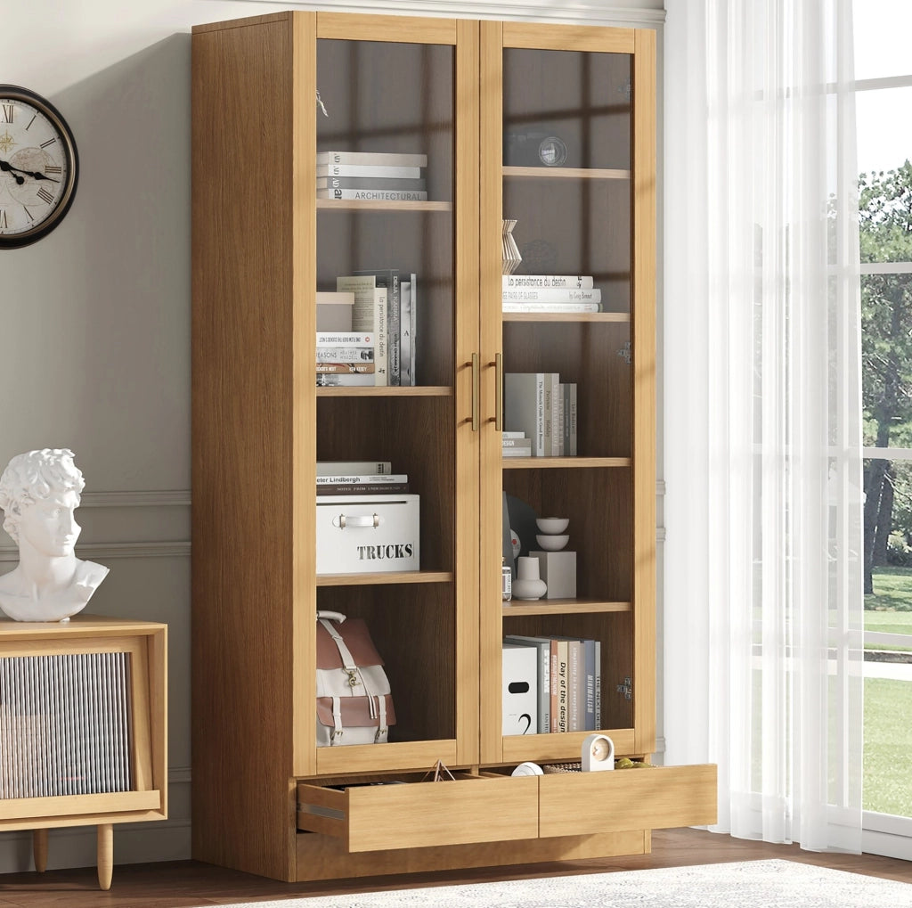 Vetrina multiuso 80x40x160 cm in truciolare e vetro temperato; effetto legno naturale
