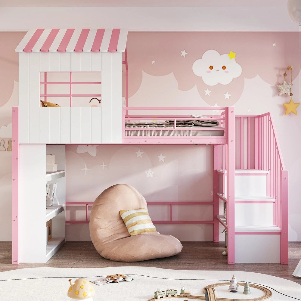 Letto a Soppalco Singolo in Metallo con Scala e Ripiani ¨C Xylo ¨C Rosa 90x200