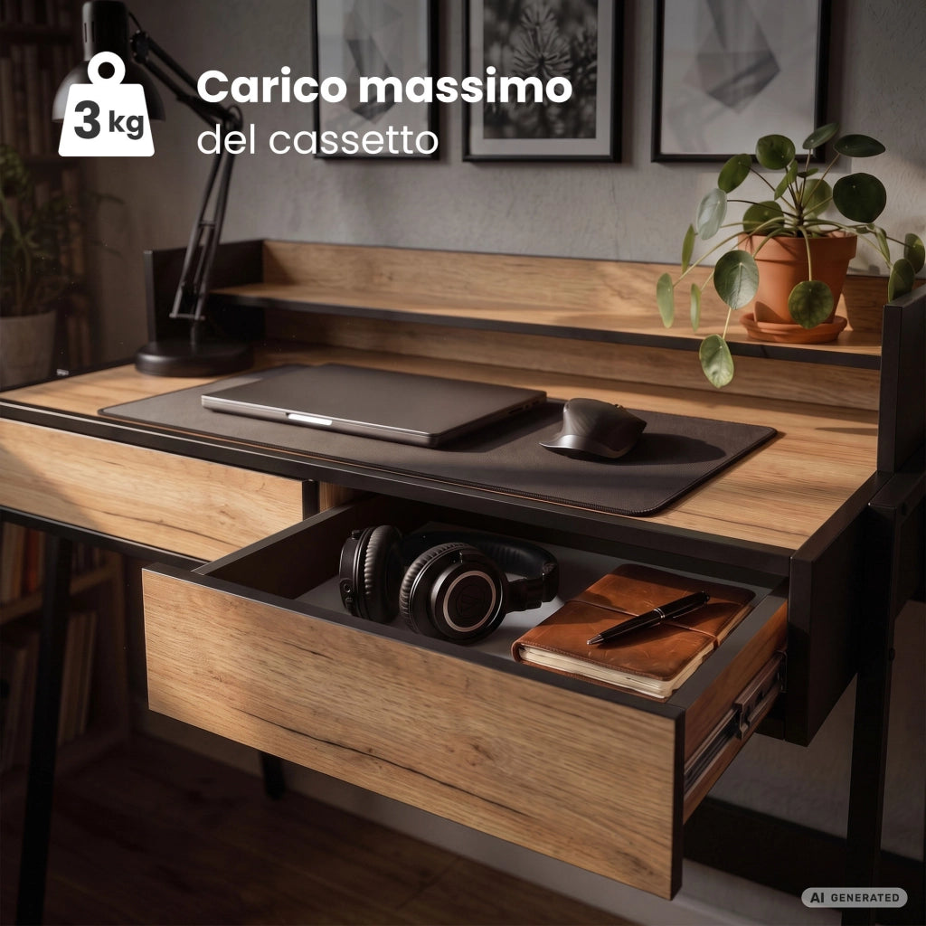 Scrivania industriale per computer Rovere Craft FLUX 78 cm 2 cassetti 1 ripiano gambe nere