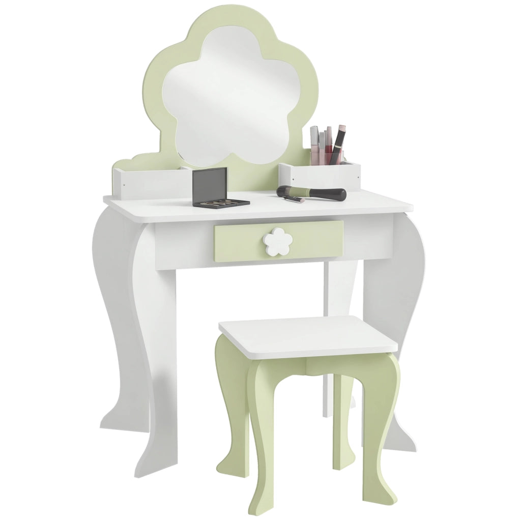Set Toeletta per Bambina con Specchio Trucco e Sgabello Abbinato in Legno, Cassetto e Contenitori, Bianco