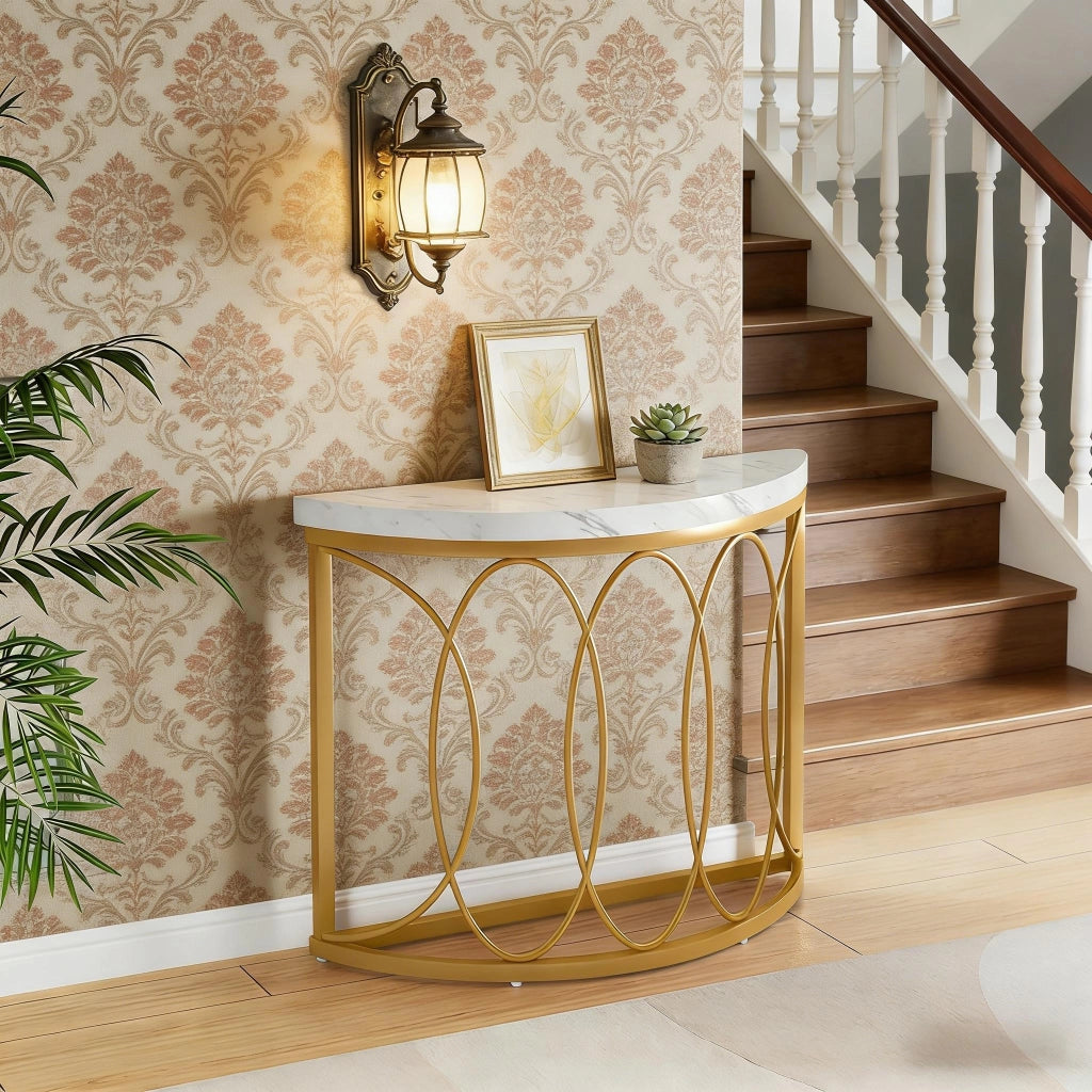 Consolle con piano ovale e struttura metallica; per ingresso; in MDF; oro e bianco
