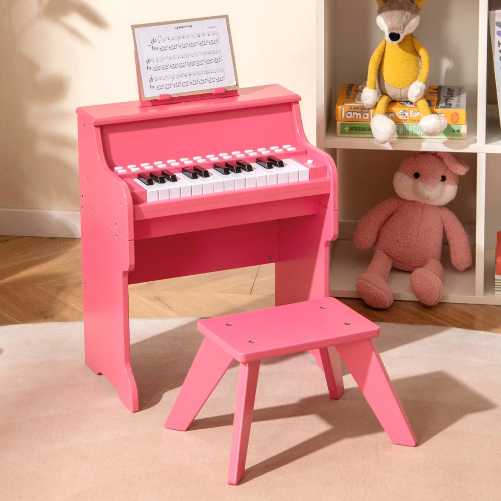 Mini tastiera pianoforte per bambini a 25 tasti con sgabello, Mini pianoforte digitale in legno con velocit¨¤ regolabili Rosa