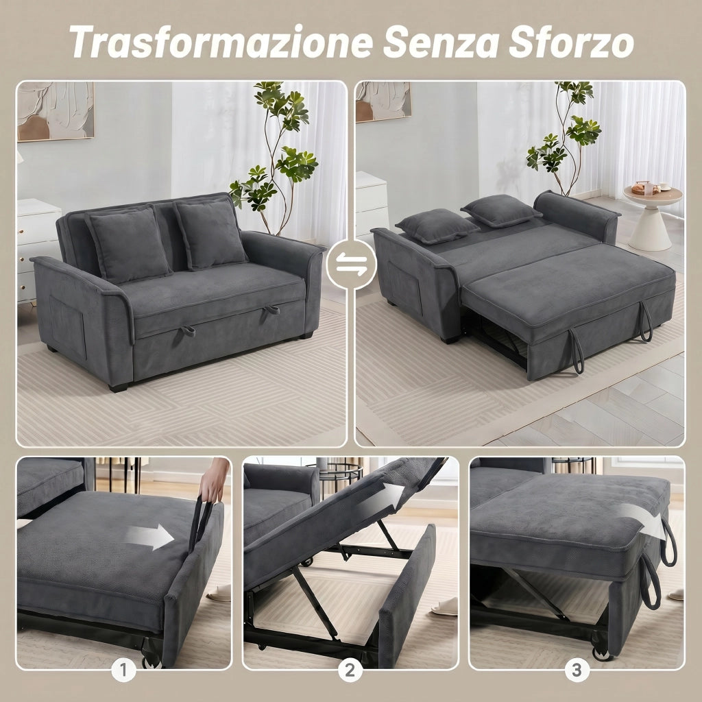 Divano Letto 2 Posti 3 in 1 con Schienale Regolabile in 3 Posizioni e 2 Cuscini in Ciniglia Grigio Scuro