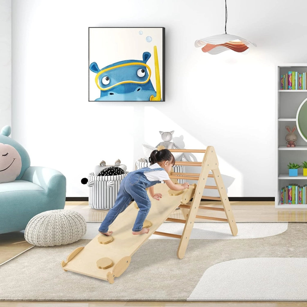 3 in 1 Arrampicata Giocattolo a Triangolo per Bambini, Set di Arrampicata con Rampa di Scivolo a 2 Lati e Inclinazione Regolabile, Arrampicatore per Bambini 1 Anno+ (Naturale)