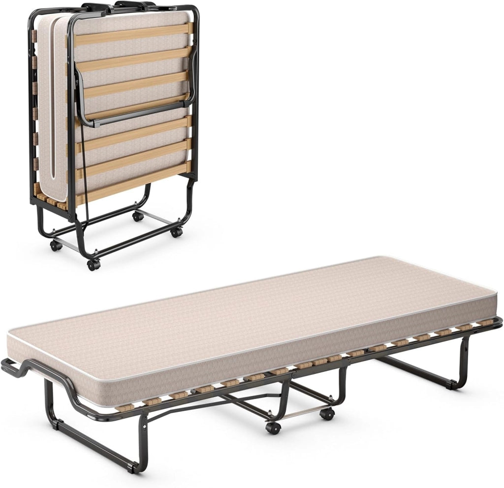 Brandina Pieghevole con Materasso, Struttura Metallica, Materasso in Memory Foam, Trapuntatura a Onda con Imbottitura a Doppia Fibra, 200x90x41 cm, Made in Italy (Stile 2 Beige)