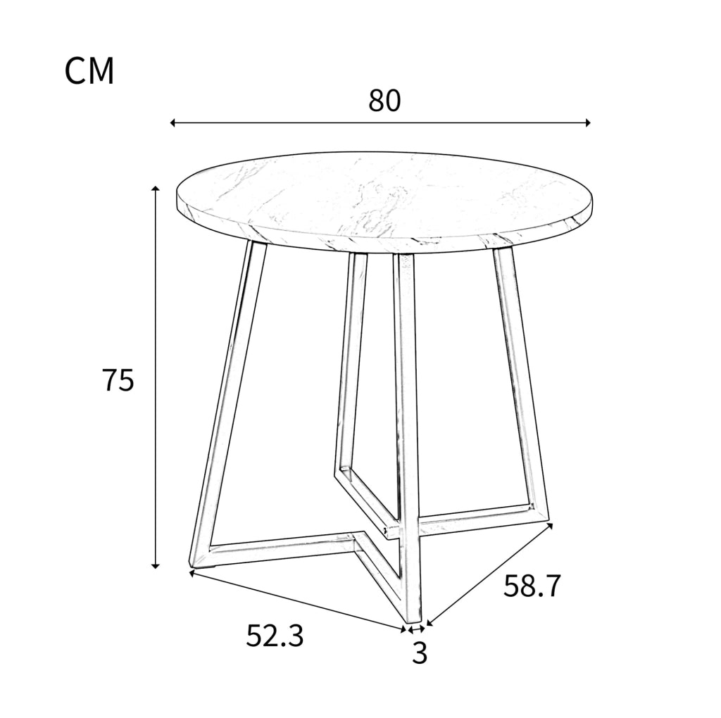 Tavolo da pranzo rotondo 80x75 cm con piano effetto marmo e gambe regolabili in MDF bianco