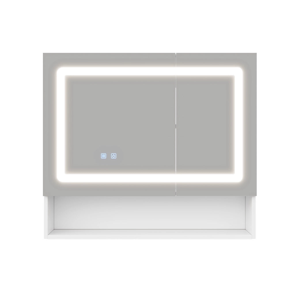 Mobile con specchio con 2 ante; 3 vani; LED e funzione antiappannamento per bagno; in MDF e vetro; bianco; 80×17×70 cm
