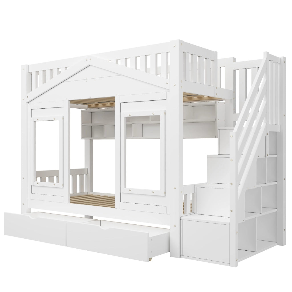 Letto a casetta rialzato per bambini 90x200 cm con scala contenitore; bianco