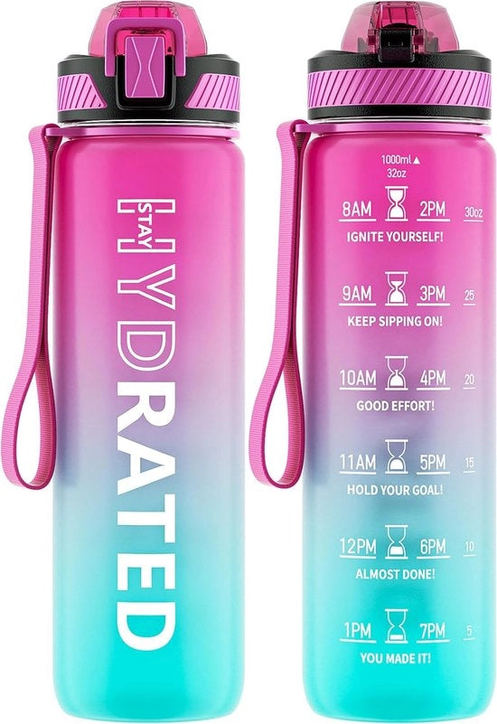 Bottiglia sportiva da 1 litro/800ml con ciotola per erba e indicatore di tempo, bottiglia per bevande BPA gratuita in Tritan, impermeabile, adatta per fitness, scuola, yoga, esterno