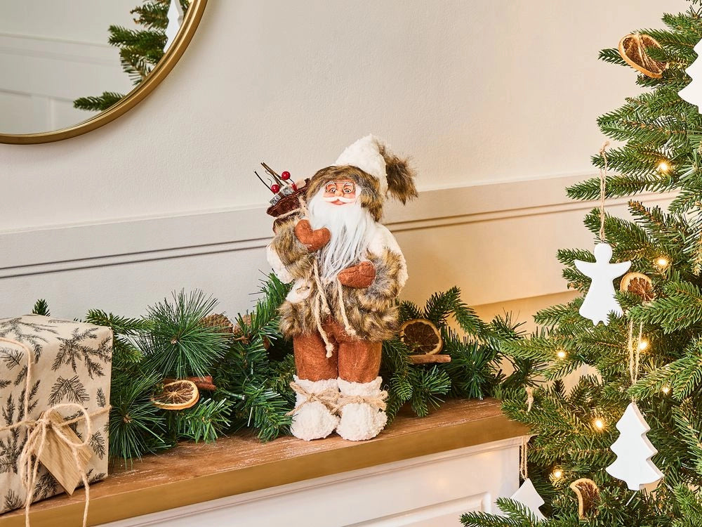 Figurina decorativa in tessuto marrone e bianco e materiale sintetico Babbo Natale Figura di Natale Ornamento di Natale