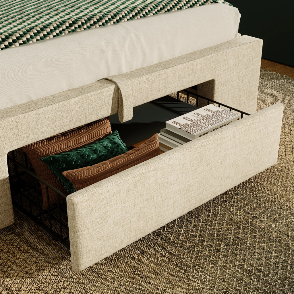 DESMIU Letto contenitore 90 × 200 cm 1 posto con LED, USB, USB-C, vano idraulico e cassetto, senza materasso, beige