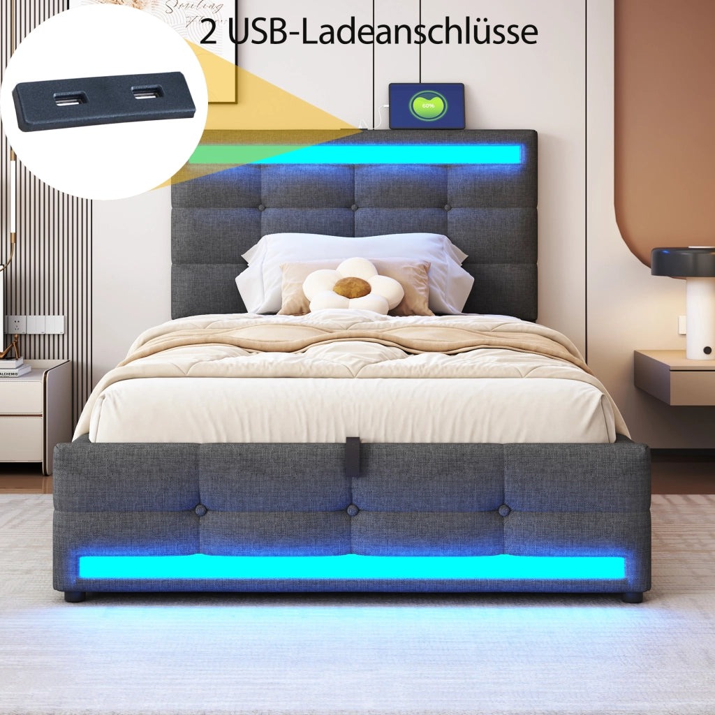 Letto singolo 90 × 200 cm imbottito con testiera regolabile LED RGB 2 USB e rete a doghe grigio